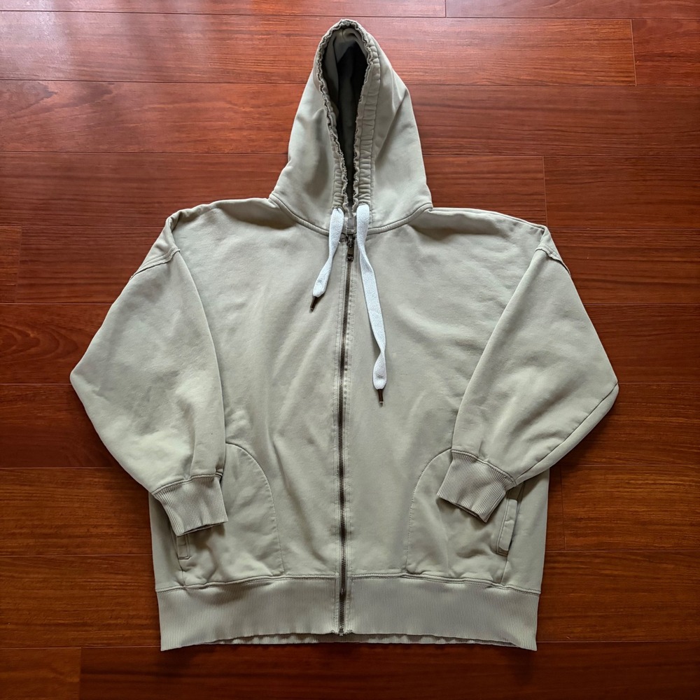 American Eagle Mens M Sage Green Full Zip Hoodie Oversized Raw Seam Fleece Sweat